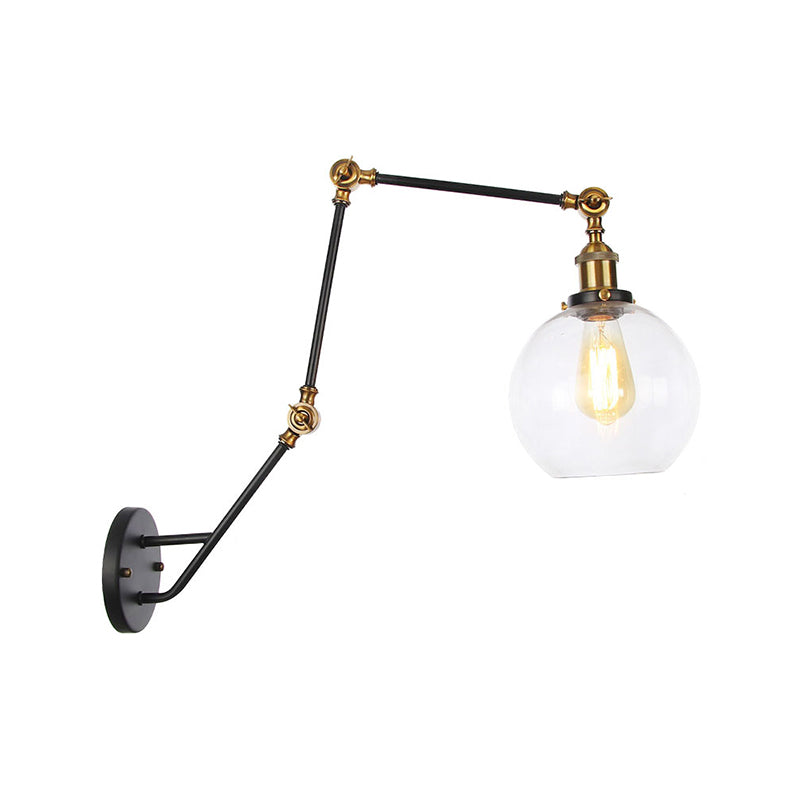 Rynx | Adjustable 3-Joint Arm Iron Wall Lamp Industry 1 Head Bedroom Wall Reading Light with Globe/Saucer Clear Glass Shade