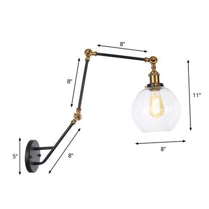 Rynx | Adjustable 3-Joint Arm Iron Wall Lamp Industry 1 Head Bedroom Wall Reading Light with Globe/Saucer Clear Glass Shade