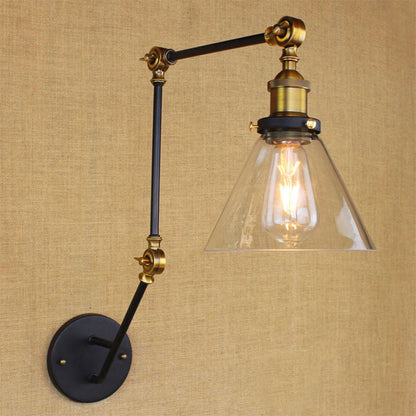 Rynx | Adjustable 3-Joint Arm Iron Wall Lamp Industry 1 Head Bedroom Wall Reading Light with Globe/Saucer Clear Glass Shade