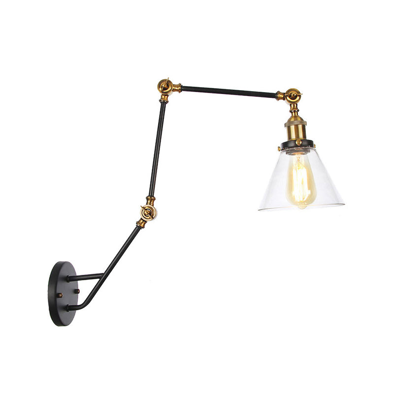 Rynx | Adjustable 3-Joint Arm Iron Wall Lamp Industry 1 Head Bedroom Wall Reading Light with Globe/Saucer Clear Glass Shade