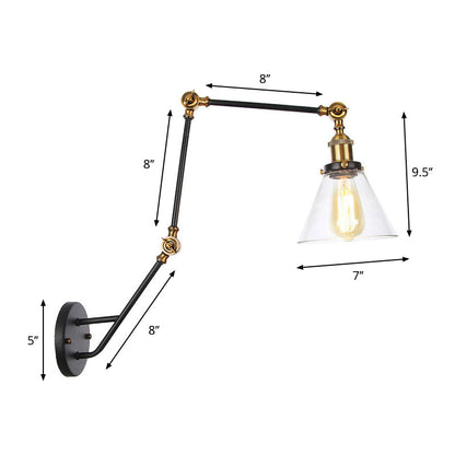 Rynx | Adjustable 3-Joint Arm Iron Wall Lamp Industry 1 Head Bedroom Wall Reading Light with Globe/Saucer Clear Glass Shade