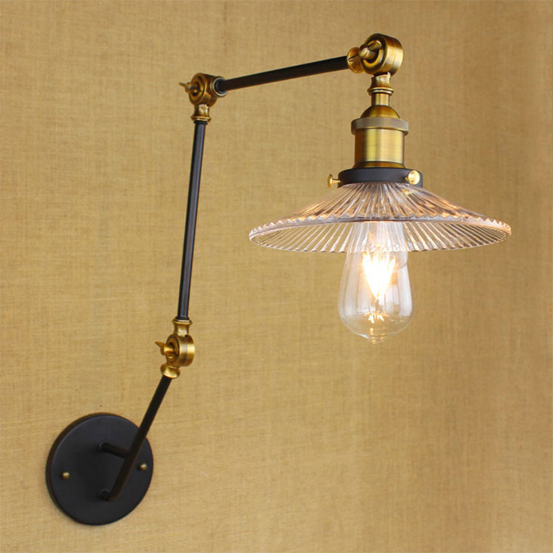 Rynx | Adjustable 3-Joint Arm Iron Wall Lamp Industry 1 Head Bedroom Wall Reading Light with Globe/Saucer Clear Glass Shade