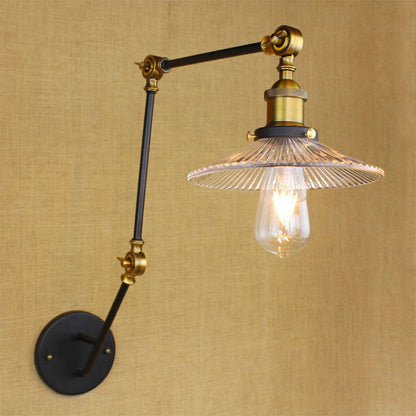 Rynx | Adjustable 3-Joint Arm Iron Wall Lamp Industry 1 Head Bedroom Wall Reading Light with Globe/Saucer Clear Glass Shade