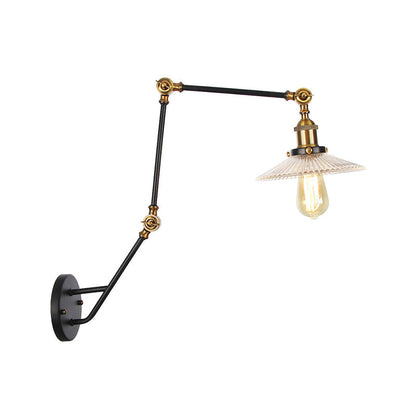 Rynx | Adjustable 3-Joint Arm Iron Wall Lamp Industry 1 Head Bedroom Wall Reading Light with Globe/Saucer Clear Glass Shade