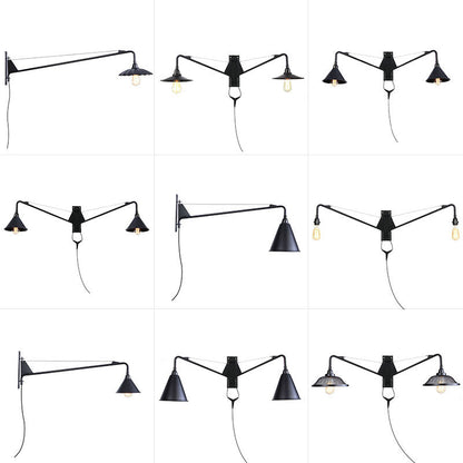 Rynx | Industrial Scalloped/Exposed Wall Lamp 1/2-Light Iron Plug-in Wall Mounted Lighting with Long Swing Arm in Black