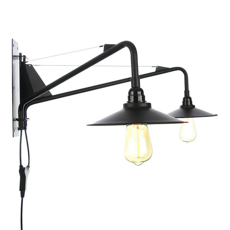 Rynx | Industrial Scalloped/Exposed Wall Lamp 1/2-Light Iron Plug-in Wall Mounted Lighting with Long Swing Arm in Black