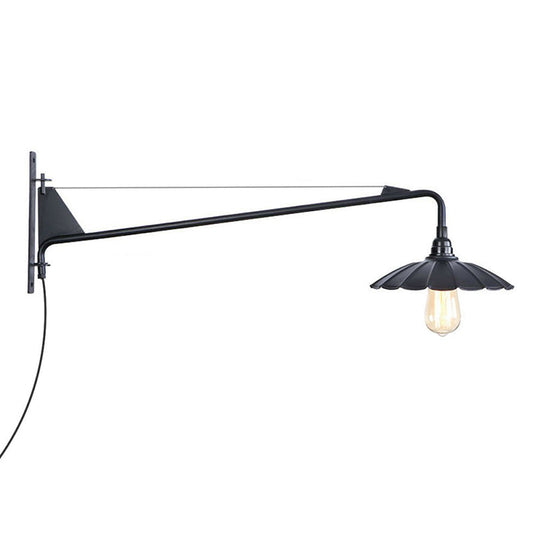 Rynx | Industrial Scalloped/Exposed Wall Lamp 1/2-Light Iron Plug-in Wall Mounted Lighting with Long Swing Arm in Black