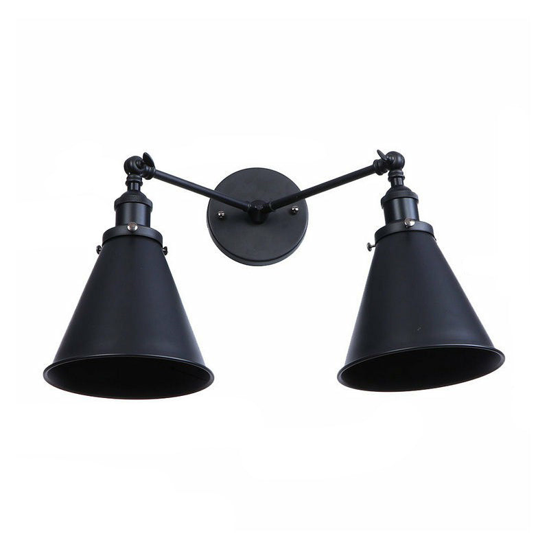 Rynx | 2 Lights Wall Mounted Lamp Retro Cone/Shell Pivot Shade Metal Wall Light in Black for Bathroom