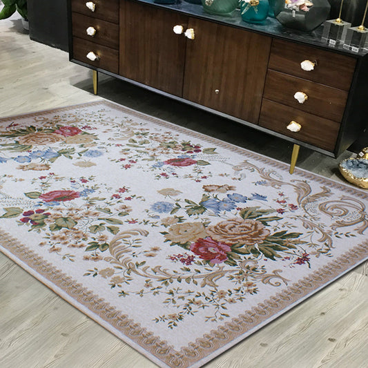Rynx | Traditional Flower Pattern Carpet Khaki Retro Carpet Polyester Washable Pet Friendly Non-Slip Back Area Rug for Living Room