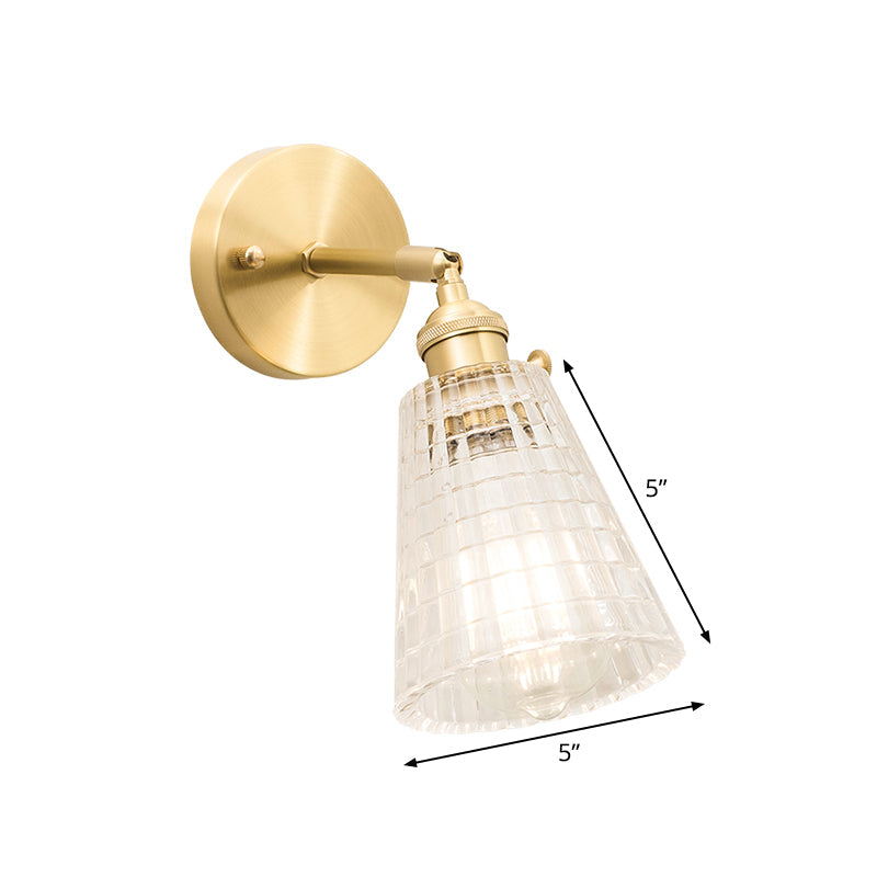 Rynx | Cone rotating wall lamp kit Postmodern clear glass ribbed/grid 1 light gold wall light