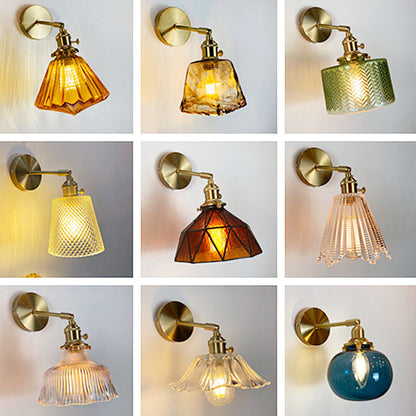 Rynx | Single-Bulb Bedroom Wall Light Postmodern Gold Rotatable Wall Sconce with Oval/Diamond/Gathered Blue/Clear/Green Glass Shade