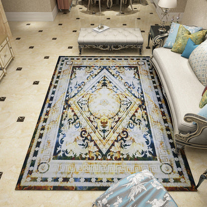 Rynx | Mediterranean Moroccan Rug in Black and White Medallion Floral Pattern Rug Polyester Washable Carpet for Home Decoration