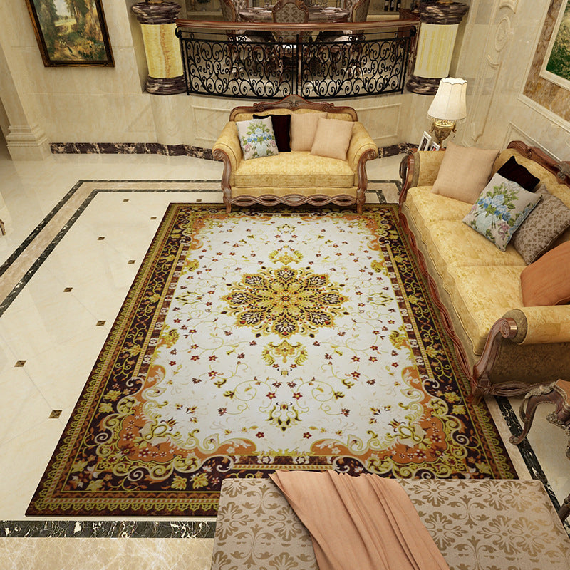 Rynx | Mediterranean Moroccan Rug in Black and White Medallion Floral Pattern Rug Polyester Washable Carpet for Home Decoration
