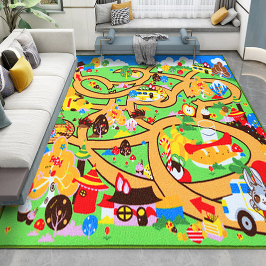Rynx | Kids Maze Pattern Rug Green Polyester Rug Non-Slip Pet-Friendly Washable Rug for Kids Room