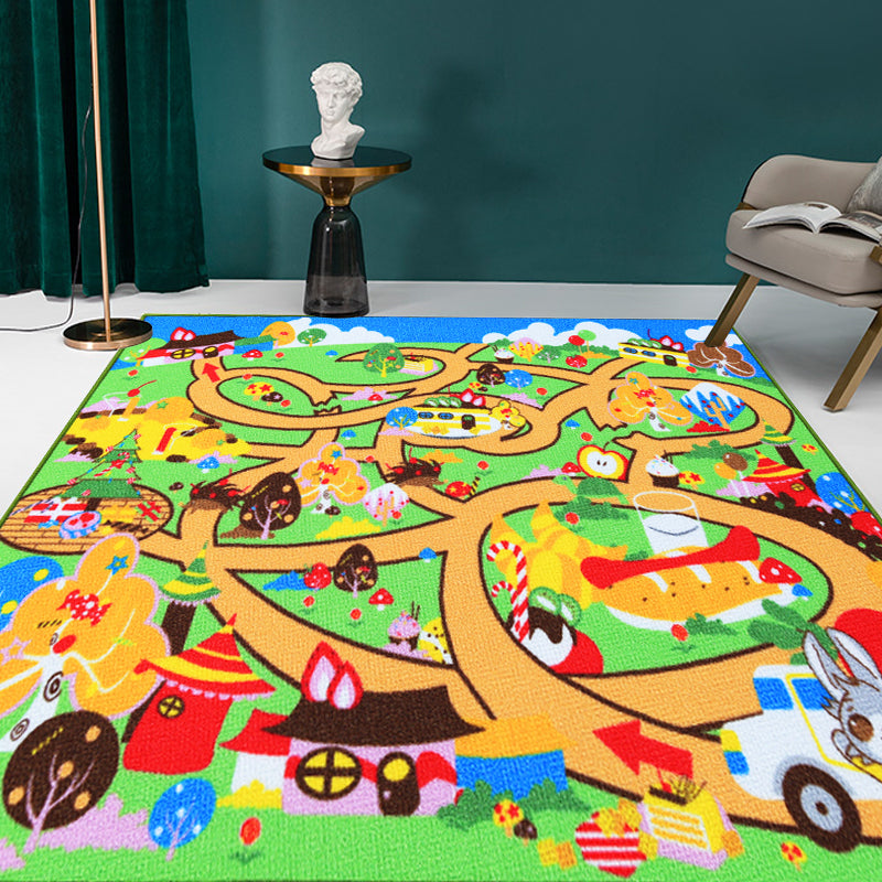 Rynx | Kids Maze Pattern Rug Green Polyester Rug Non-Slip Pet-Friendly Washable Rug for Kids Room