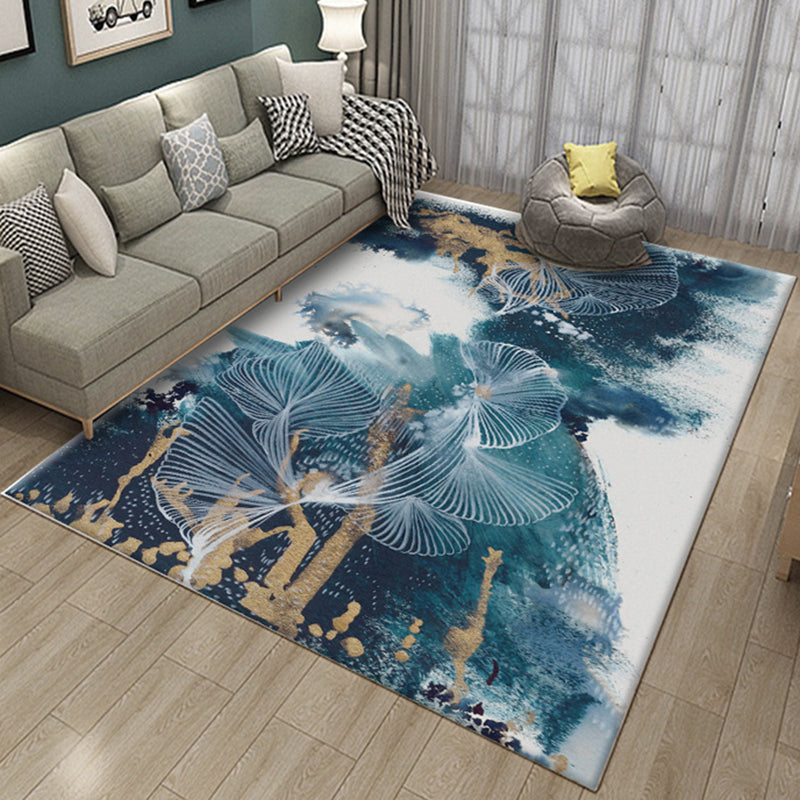 Rynx | Modernist Blue Polyester Rug with Ink Painting Pattern Machine Washable Parlor Area Rug