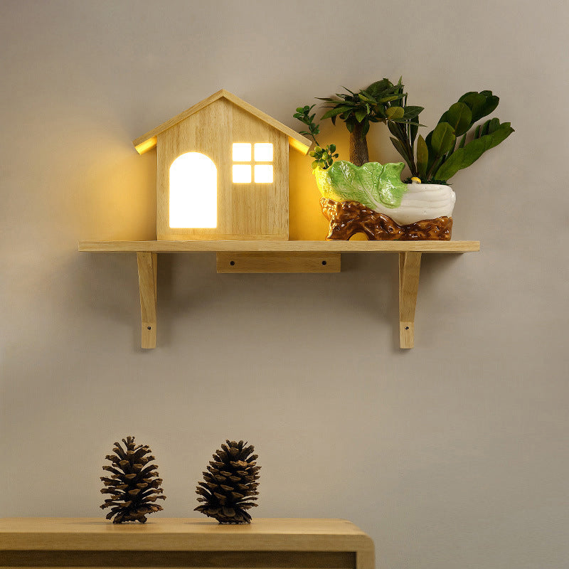 Rynx | Beige Lodge Wall Lamp Interior Nordic Wood LED Wall Cabinet with Shelf, Warm/White Light