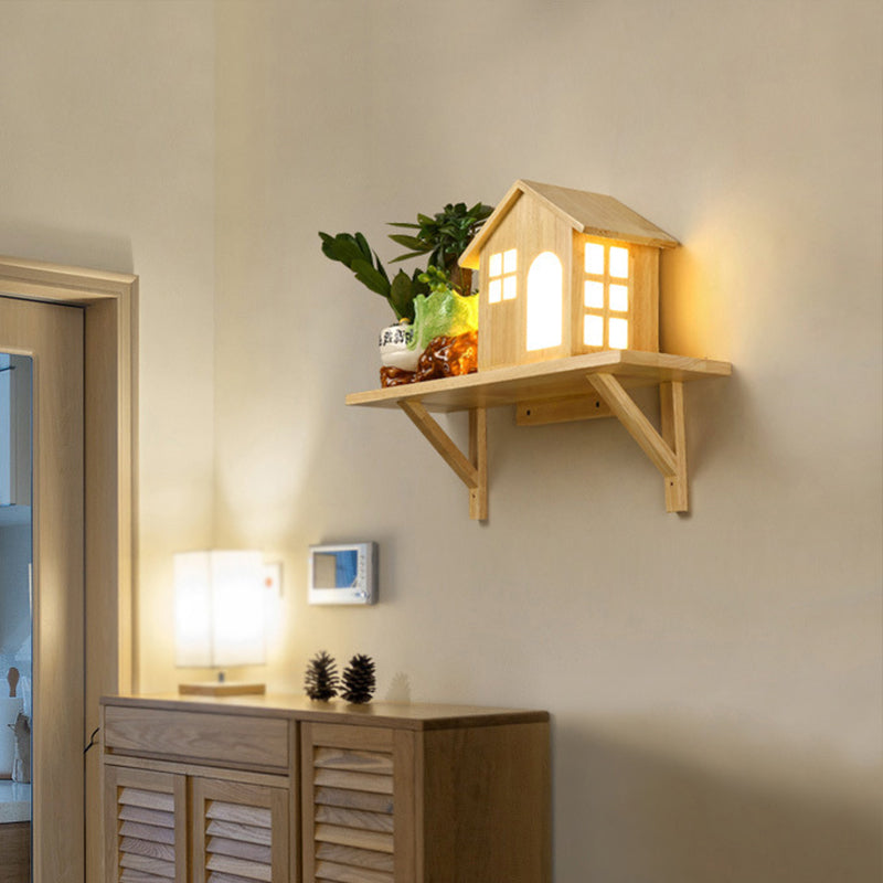 Rynx | Beige Lodge Wall Lamp Interior Nordic Wood LED Wall Cabinet with Shelf, Warm/White Light