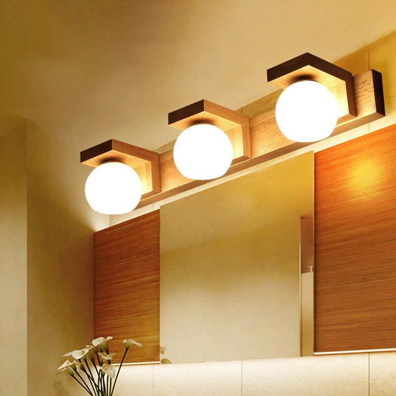 Rynx | Linear Bathroom Wall Lamp Wood 2/3 Heads Nordic Wall Mounted Lamp with Ball Opal Glass Shade