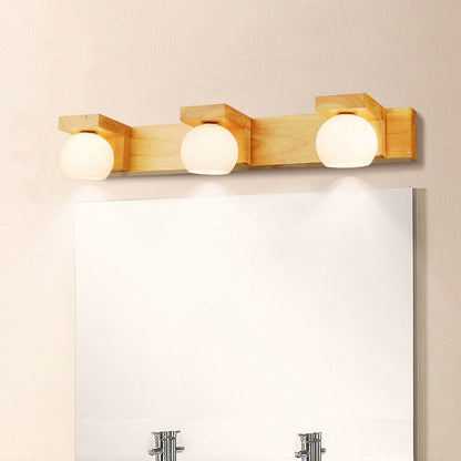 Rynx | Linear Bathroom Wall Lamp Wood 2/3 Heads Nordic Wall Mounted Lamp with Ball Opal Glass Shade