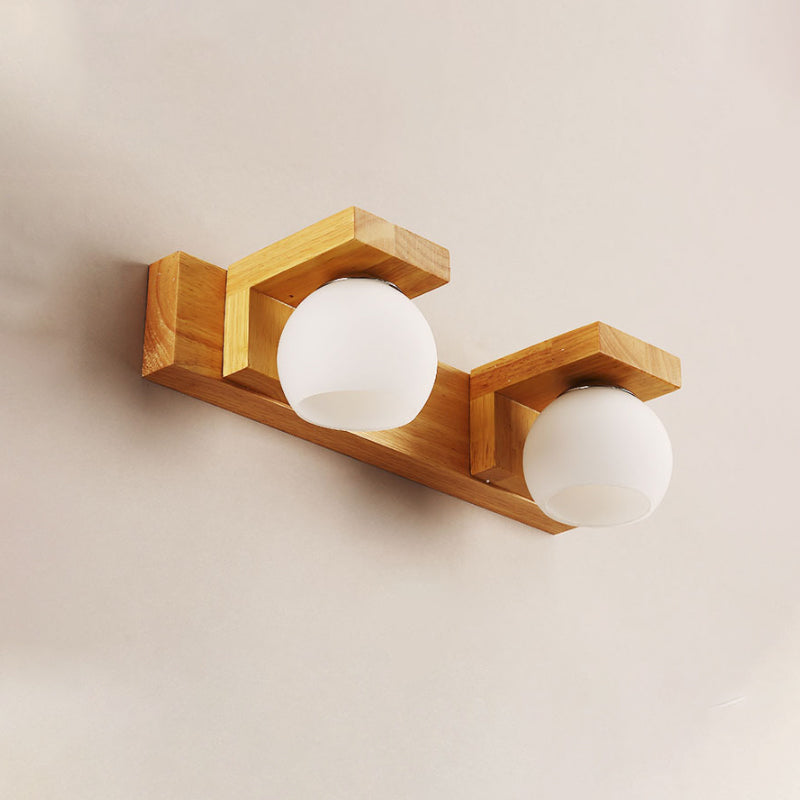 Rynx | Linear Bathroom Wall Lamp Wood 2/3 Heads Nordic Wall Mounted Lamp with Ball Opal Glass Shade