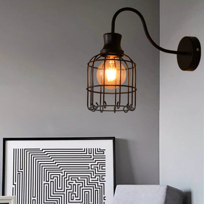 Rynx | Metal Birdcage Wall Mount Lighting with Gooseneck Arm Vintage 1 Main Wall Lamp Sconces in Black