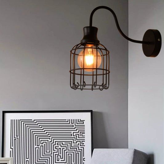 Rynx | Metal Birdcage Wall Mount Lighting with Gooseneck Arm Vintage 1 Main Wall Lamp Sconces in Black