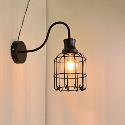Rynx | Metal Birdcage Wall Mount Lighting with Gooseneck Arm Vintage 1 Main Wall Lamp Sconces in Black