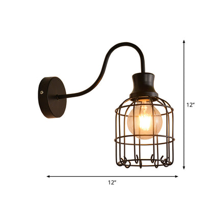 Rynx | Metal Birdcage Wall Mount Lighting with Gooseneck Arm Vintage 1 Main Wall Lamp Sconces in Black