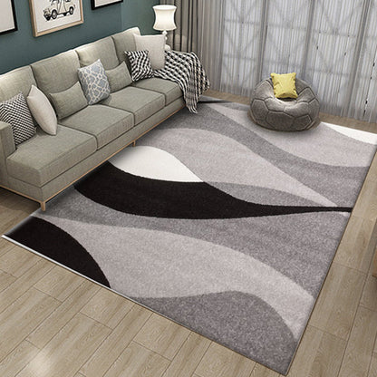 Rynx | Novelty Stripe Curve Pattern Rug in Black and Gray Polyester Rug Washable Rug for the Living Room