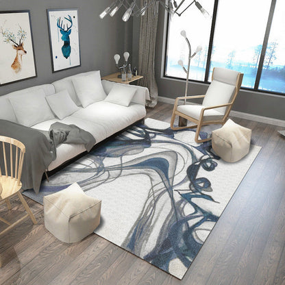 Rynx | Modern Abstract Pattern Rug White and Blue Polyester Rug Washable Non-Slip Backing Area Rug for Bedroom
