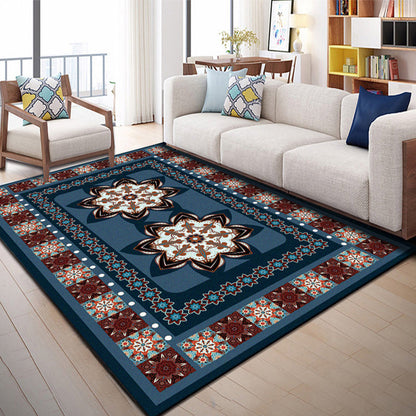 Rynx | Blue Bedroom Rug Moroccan Floral Dots Rectangle Print Rug Polyester Non-Slip Rug