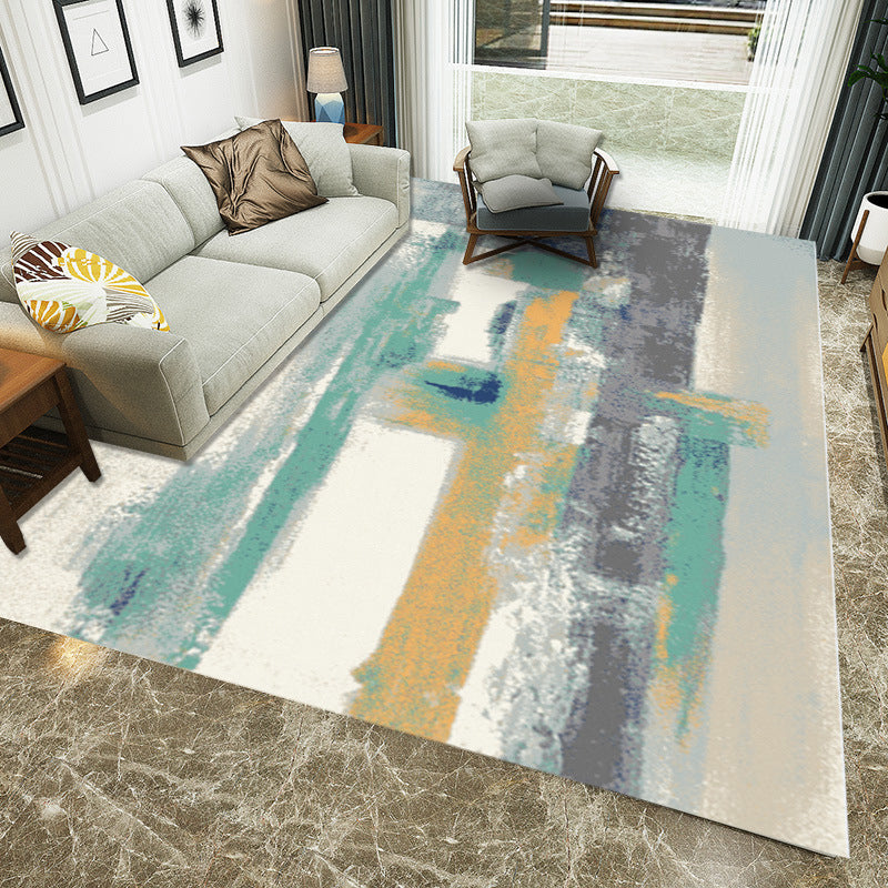 Rynx | Nordic Brushstroke Painting Pattern Rug Green and Grey Polyester Rug Machine Washable Non-Slip Backing Area Rug for Living Room