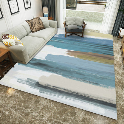 Rynx | Unique Brushstroke Pattern Rug Blue and White Contemporary Rug Polyester Washable Non-Slip Carpet for Living Room