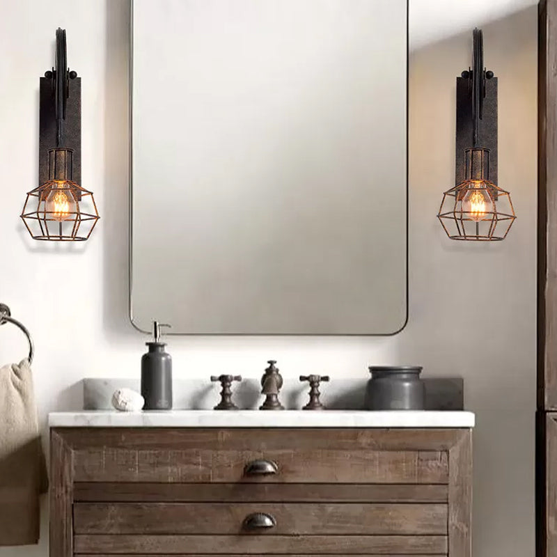 Rynx | Antique Black Single Pulley Wall Lamp Industrial Iron Wire Cage Wall Lighting for Restaurant