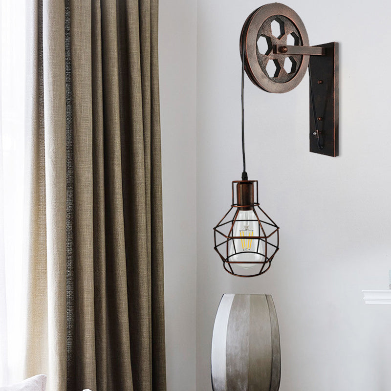 Rynx | Antique Black Single Pulley Wall Lamp Industrial Iron Wire Cage Wall Lighting for Restaurant