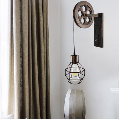 Rynx | Antique Black Single Pulley Wall Lamp Industrial Iron Wire Cage Wall Lighting for Restaurant