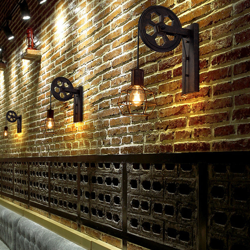 Rynx | Antique Black Single Pulley Wall Lamp Industrial Iron Wire Cage Wall Lighting for Restaurant