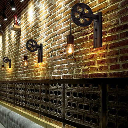 Rynx | Antique Black Single Pulley Wall Lamp Industrial Iron Wire Cage Wall Lighting for Restaurant