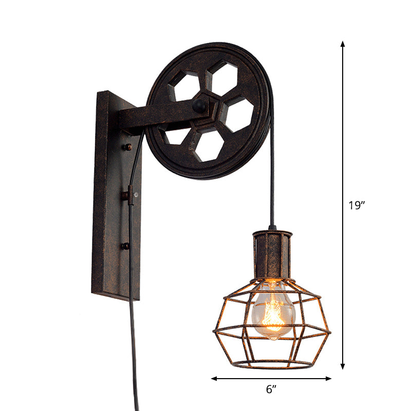 Rynx | Antique Black Single Pulley Wall Lamp Industrial Iron Wire Cage Wall Lighting for Restaurant