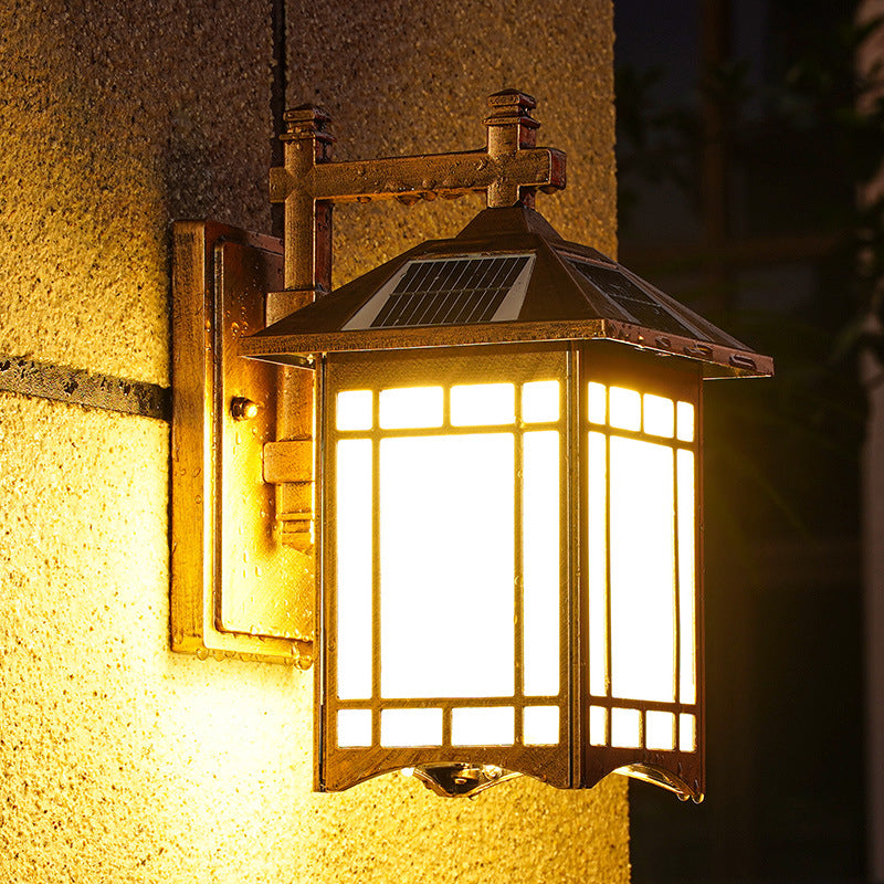 Rynx | Solar Energy LED House Wall Lamp Rustic Black/Bronze Frosted Glass Wall Mount Light Fixture