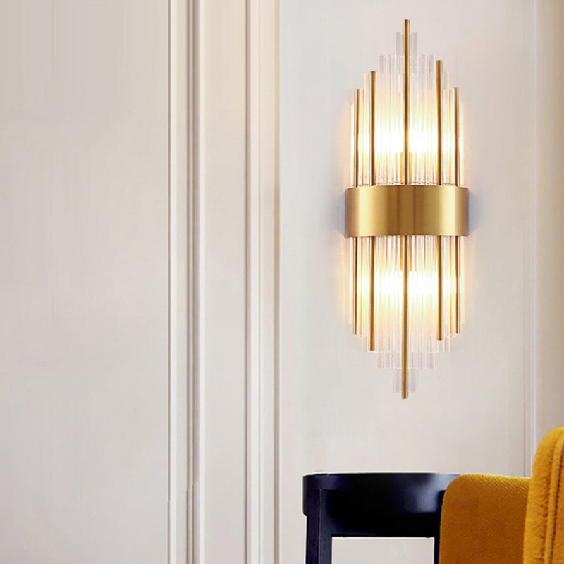 Rynx | Cylinder/Curved Wall Lamp Postmodern Prism/Ribbed Crystal 2-Light Living Room Ceiling Mount Wall Lamp in Gold