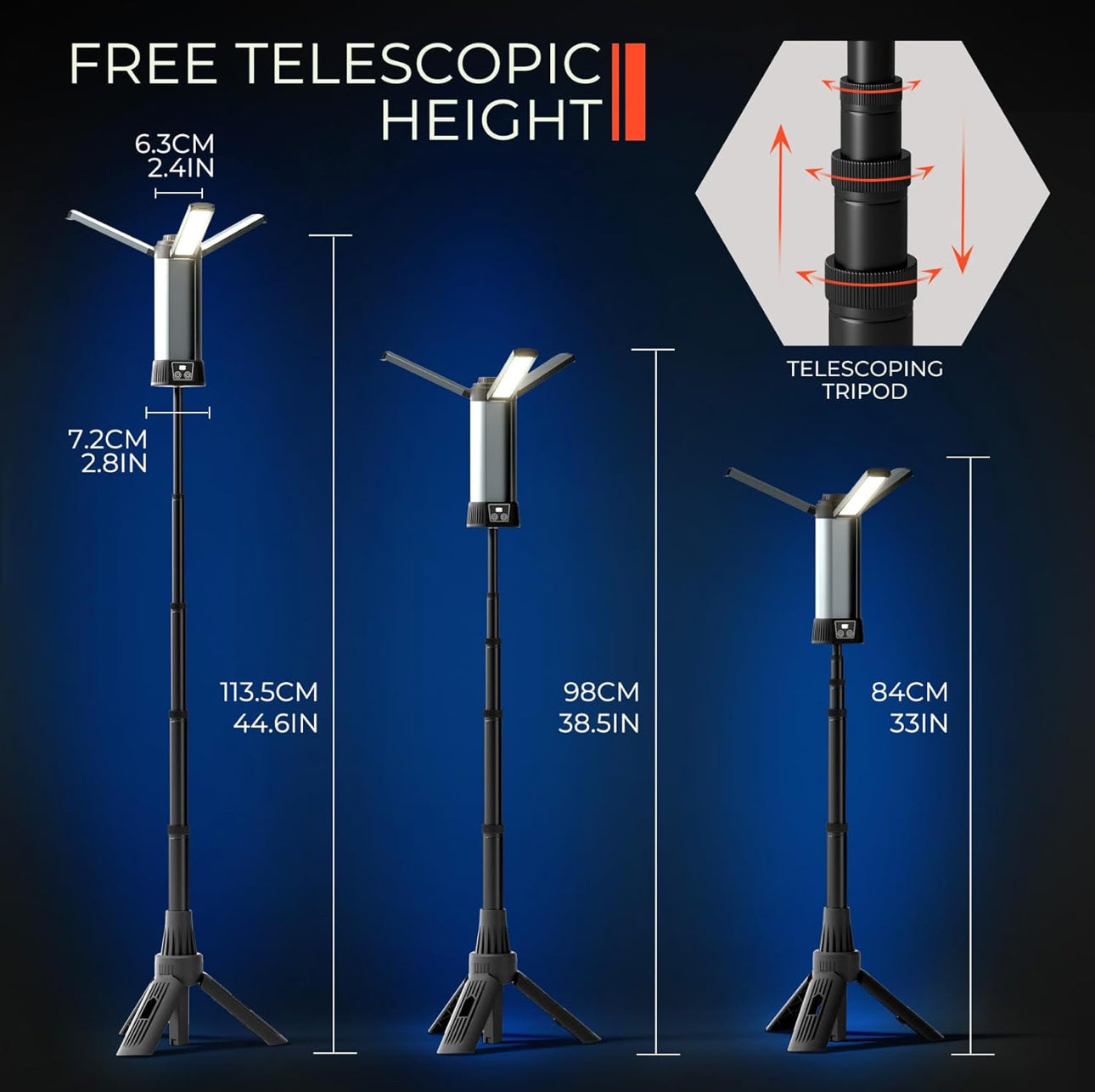 Rynx | Rechargeable LED work light with stand - Wireless dimmable camping light with detachable tripod, hook, and carry bag