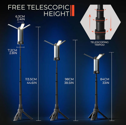 Rynx | Rechargeable LED work light with stand - Wireless dimmable camping light with detachable tripod, hook, and carry bag