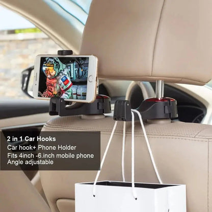 Rynx | 2-in-1 Car Headrest Hooks – Holds Bags & Serves as Smartphone Holder