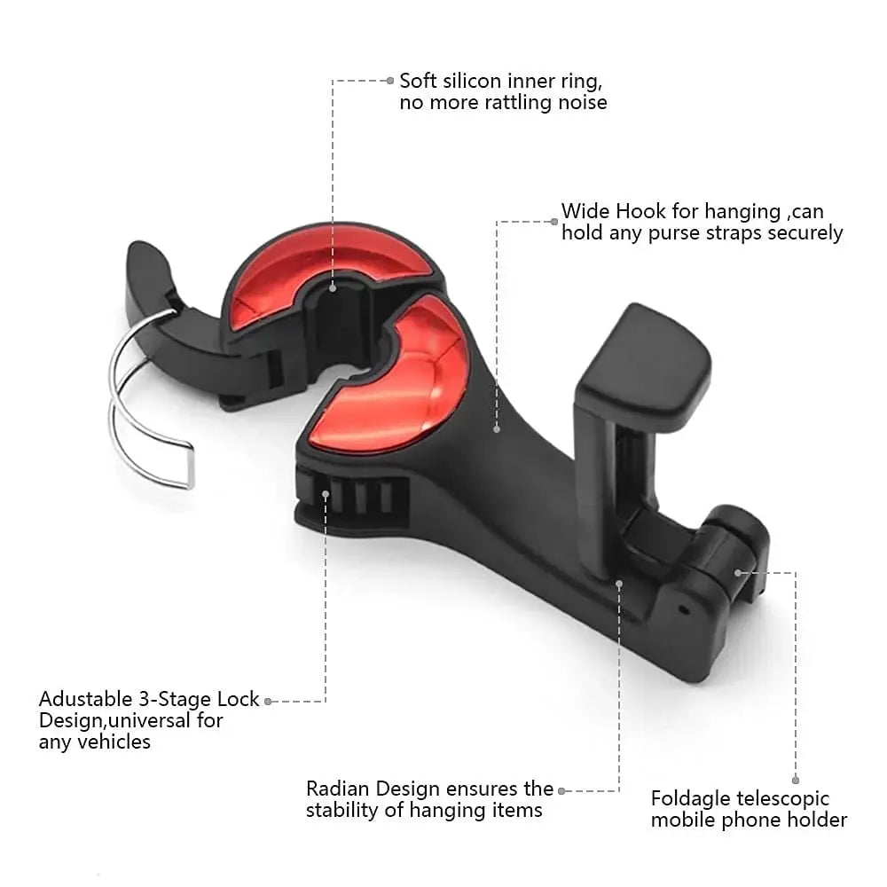 Rynx | 2-in-1 Car Headrest Hooks – Holds Bags & Serves as Smartphone Holder