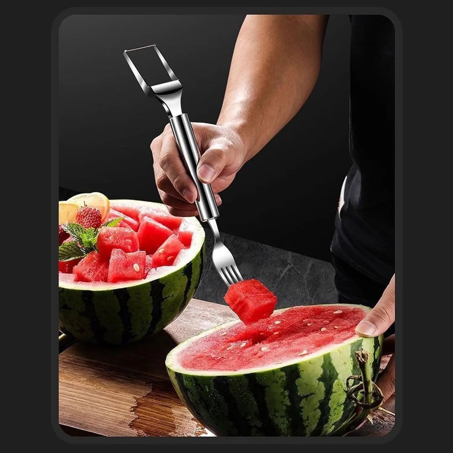Rynx | 2-in-1 Stainless Steel Watermelon Cutter – Cut & Serve with just one tool