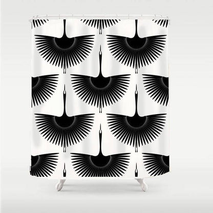 Rynx | Black and White Crane Shower Curtain with Hooks, Bathroom Curtains with Ring, Unique Bathroom Decoration, Boho Shower Curtain, Customizable Bathroom Curtains, Extra Long Shower Curtain
