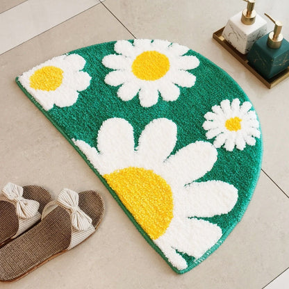 Rynx | Green Half Circle Daisy Bathroom Mat, White Flowers Bathroom Rug, Natural Bathroom Decoration, Soft Water Absorbent Mat for Bath Shower