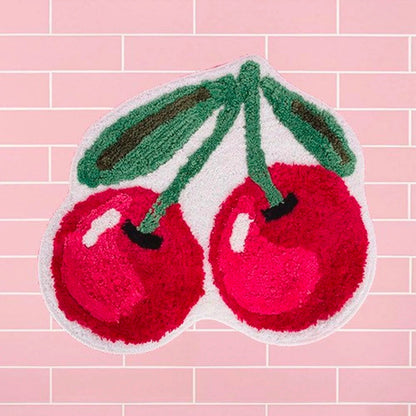 Rynx | Cute cherry bath mat, red fruit bathroom rug, soft plush water-absorbent mat, non-slip toilet mat in multiple sizes, soft thick bathroom rug, art bathroom mats, best bath rugs, tufted art rug for bathroom toilet bathtub